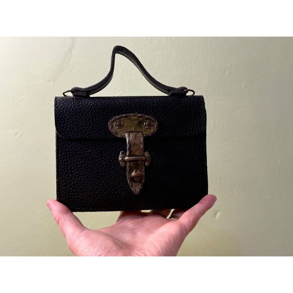 Vintage 60s Mini Black Pebble Leather Purse Escutcheon Clasp - Picture 12 of 16